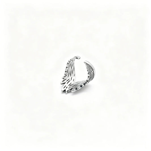 Vintage silver stainless steel adjustable ring featuring detailed angel feather wings.