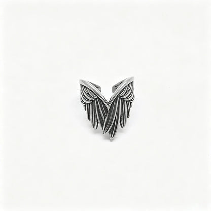 Vintage silver stainless steel adjustable ring featuring detailed angel feather wings.