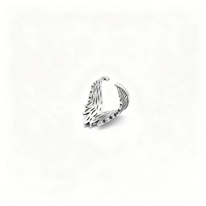 Vintage silver stainless steel adjustable ring featuring detailed angel feather wings.