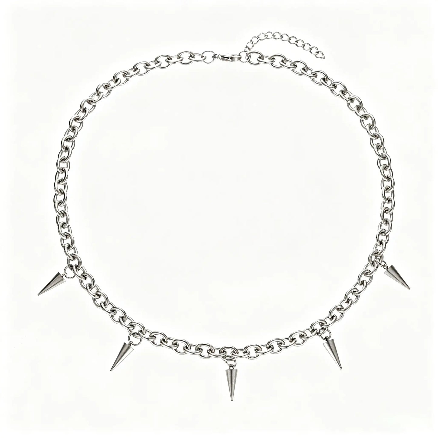 Stainless steel silver spike charm chain necklace with chunky links and adjustable lobster clasp, gothic punk unisex jewelry.