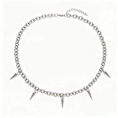 Stainless steel silver spike charm chain necklace with chunky links and adjustable lobster clasp, gothic punk unisex jewelry.