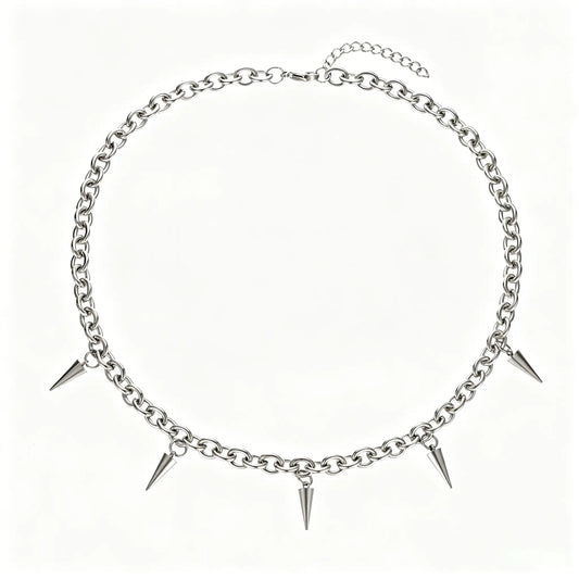 Stainless steel silver spike charm chain necklace with chunky links and adjustable lobster clasp, gothic punk unisex jewelry.