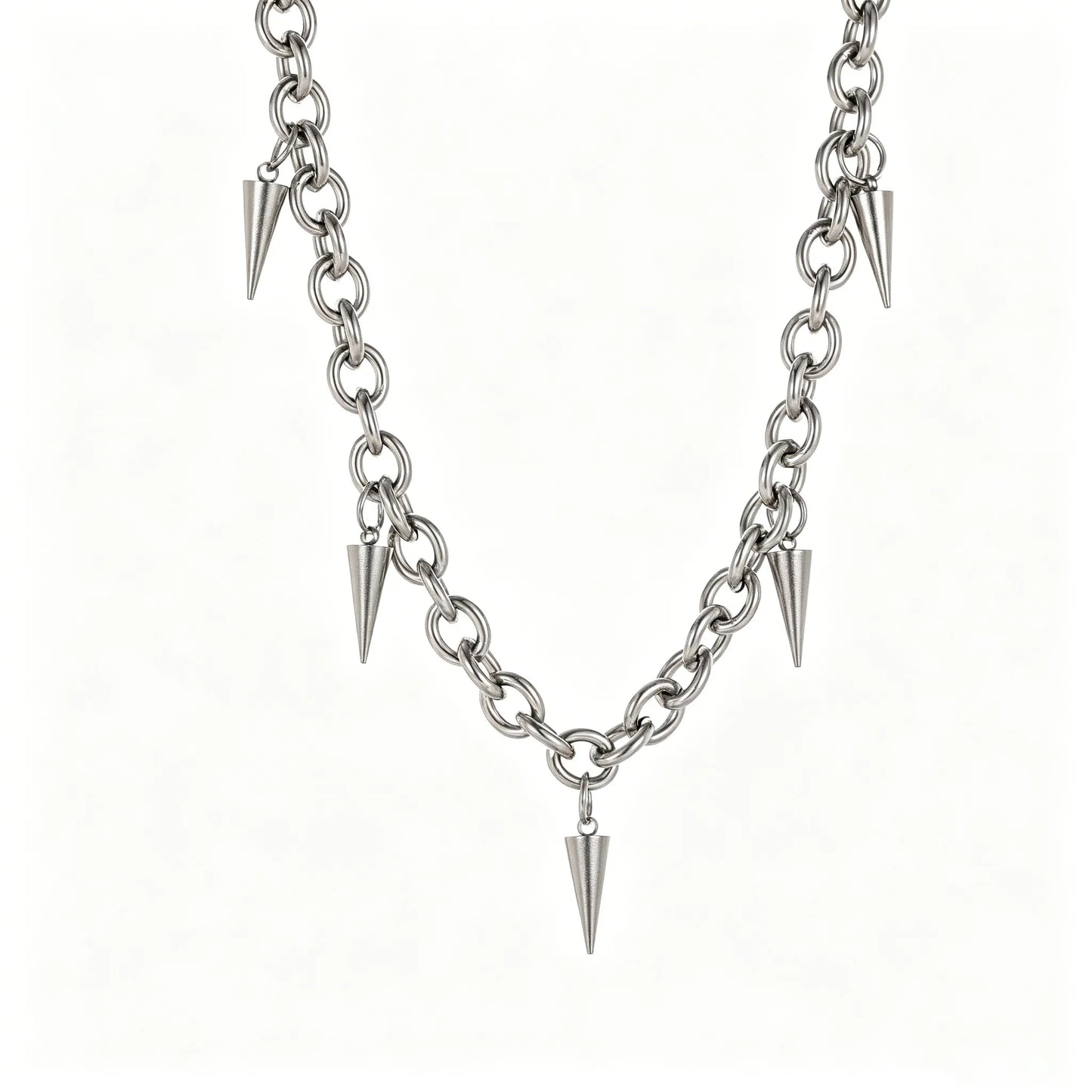 Stainless steel silver spike charm chain necklace with chunky links and adjustable lobster clasp, gothic punk unisex jewelry.