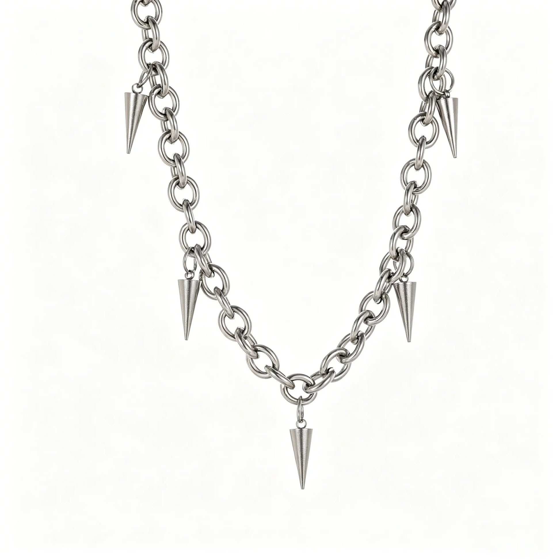 Stainless steel silver spike charm chain necklace with chunky links and adjustable lobster clasp, gothic punk unisex jewelry.