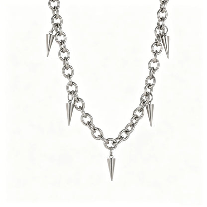 Stainless steel silver spike charm chain necklace with chunky links and adjustable lobster clasp, gothic punk unisex jewelry.