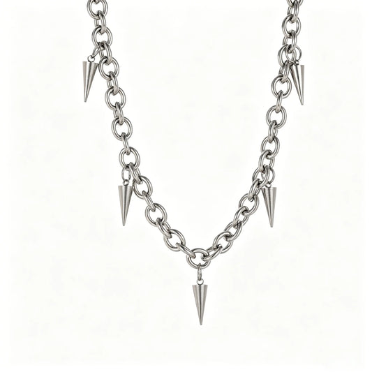 Stainless steel silver spike charm chain necklace with chunky links and adjustable lobster clasp, gothic punk unisex jewelry.