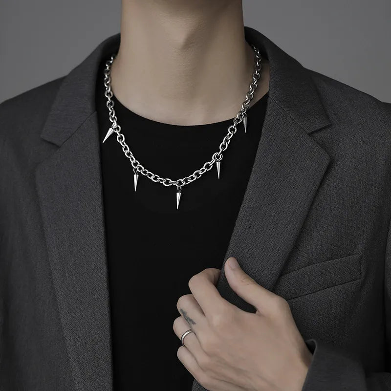 Stainless Steel Spike Charm Chain Necklace – Gothic Punk Link Necklace for Men & Women