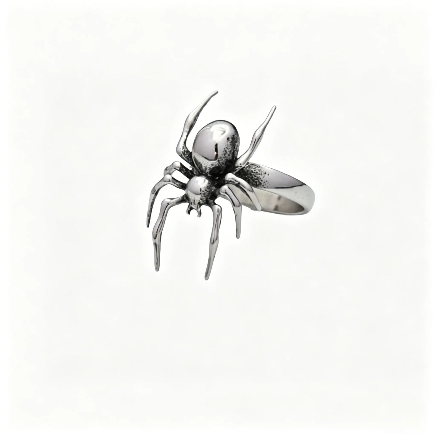 Gothic stainless steel spider ring featuring a detailed 3D arachnid design with vintage oxidized finish.