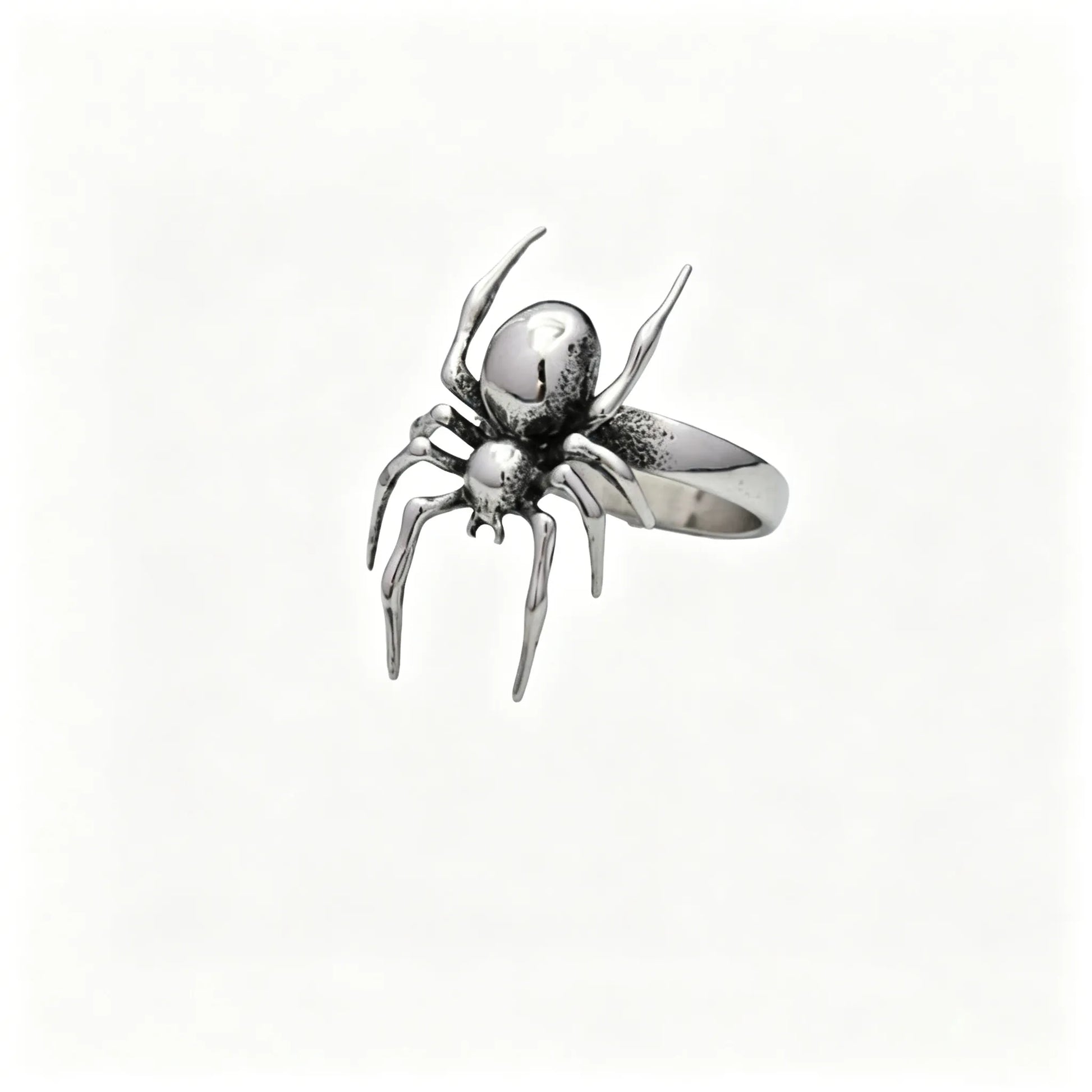 Gothic stainless steel spider ring featuring a detailed 3D arachnid design with vintage oxidized finish.