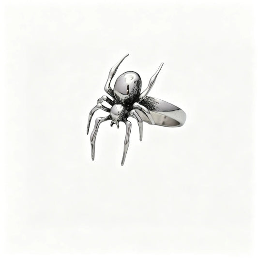 Gothic stainless steel spider ring featuring a detailed 3D arachnid design with vintage oxidized finish.
