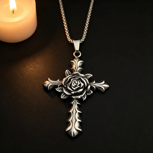 Gothic Rose Cross Pendant - Gothic Aesthetic Jewelry by Mort 7