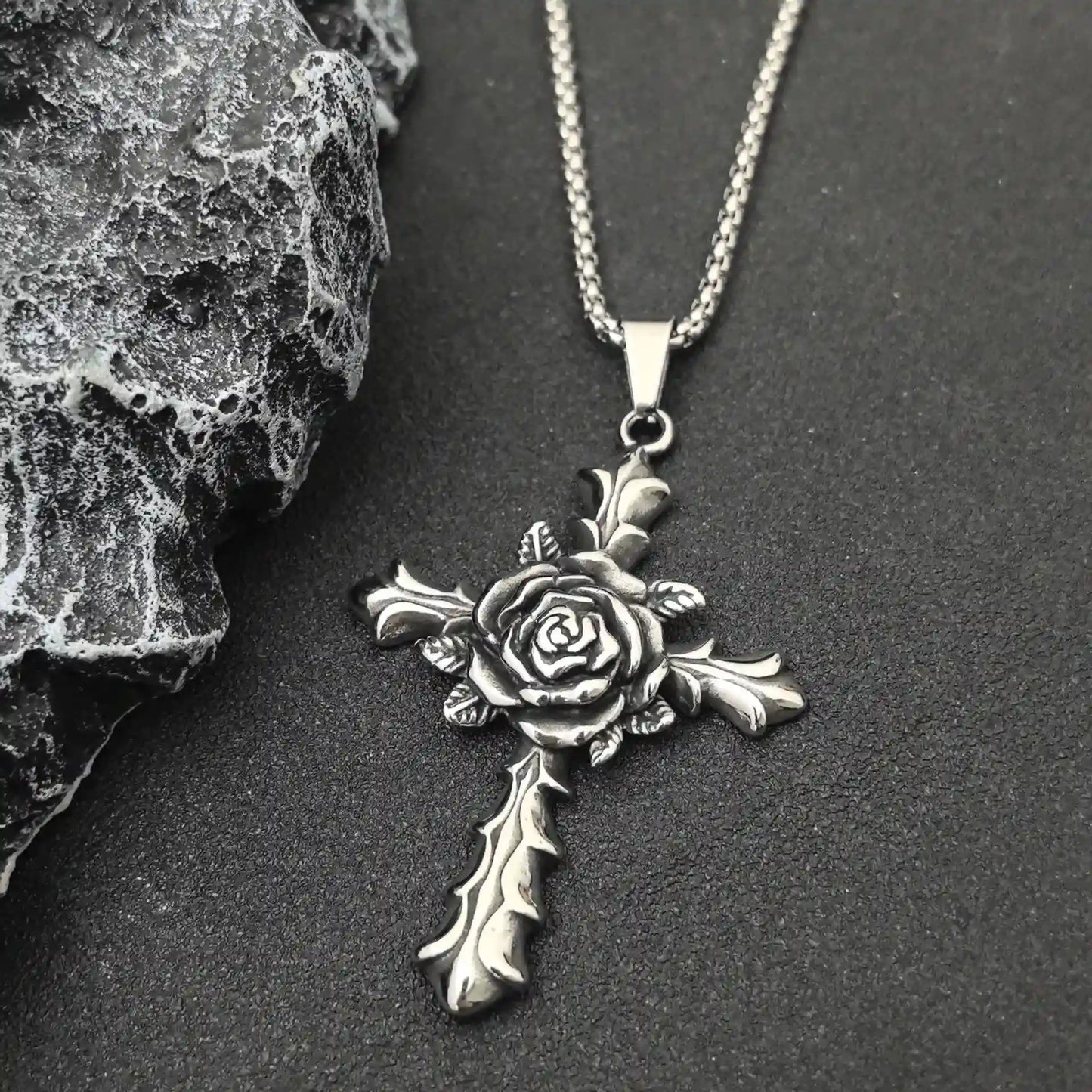 Gothic Rose Cross Pendant - Gothic Aesthetic Jewelry by Mort 7
