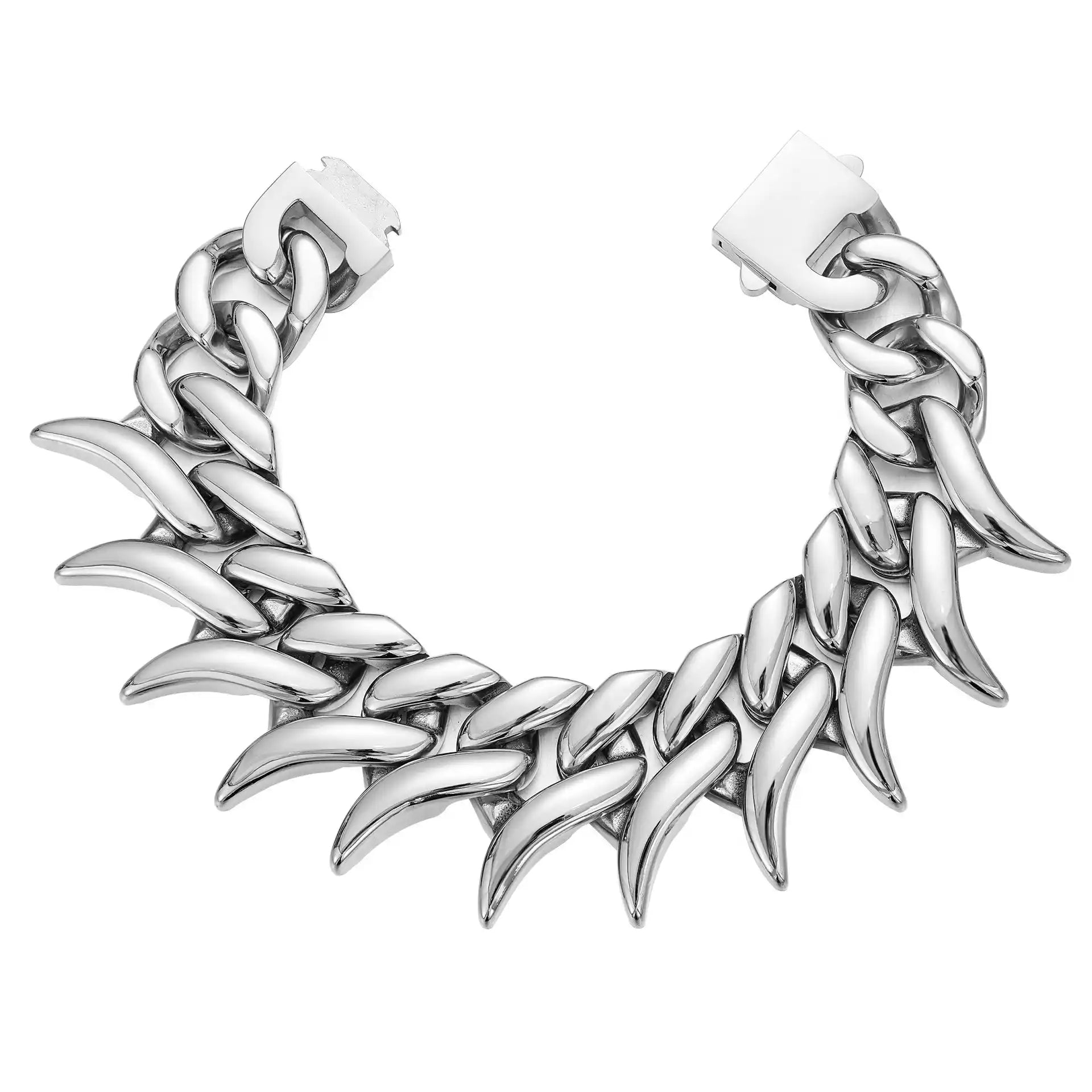 Stainless steel gothic chain necklace featuring unique fang-shaped links and a polished silver finish.