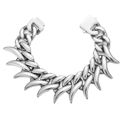 Stainless steel gothic chain necklace featuring unique fang-shaped links and a polished silver finish.