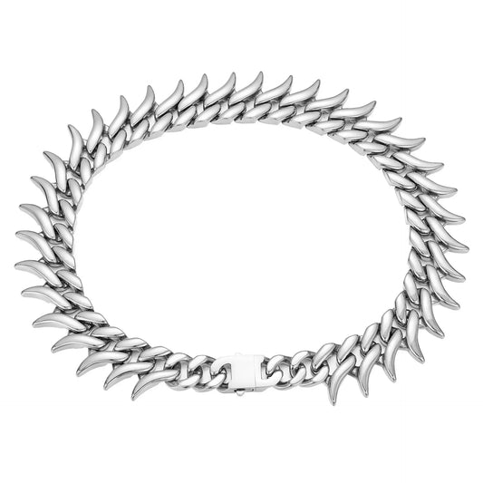 Stainless steel gothic chain necklace featuring unique fang-shaped links and a polished silver finish.