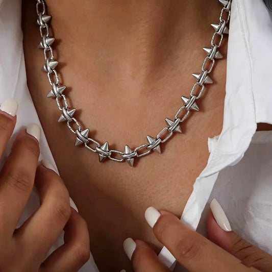 Unisex punk spiked chain necklace made of durable 316L stainless steel for an edgy streetwear look.
