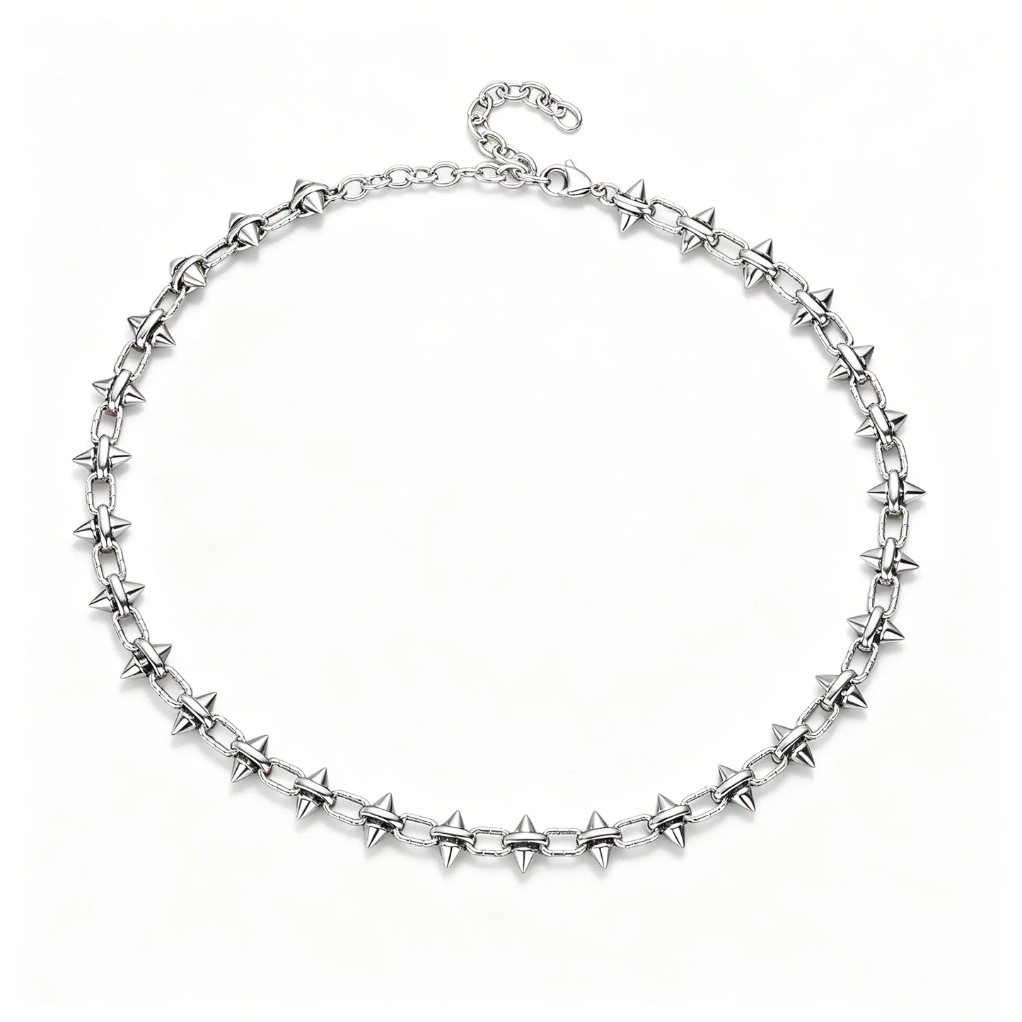 Close-up of industrial punk spiked chain necklace showing high-polish 316L stainless steel construction.