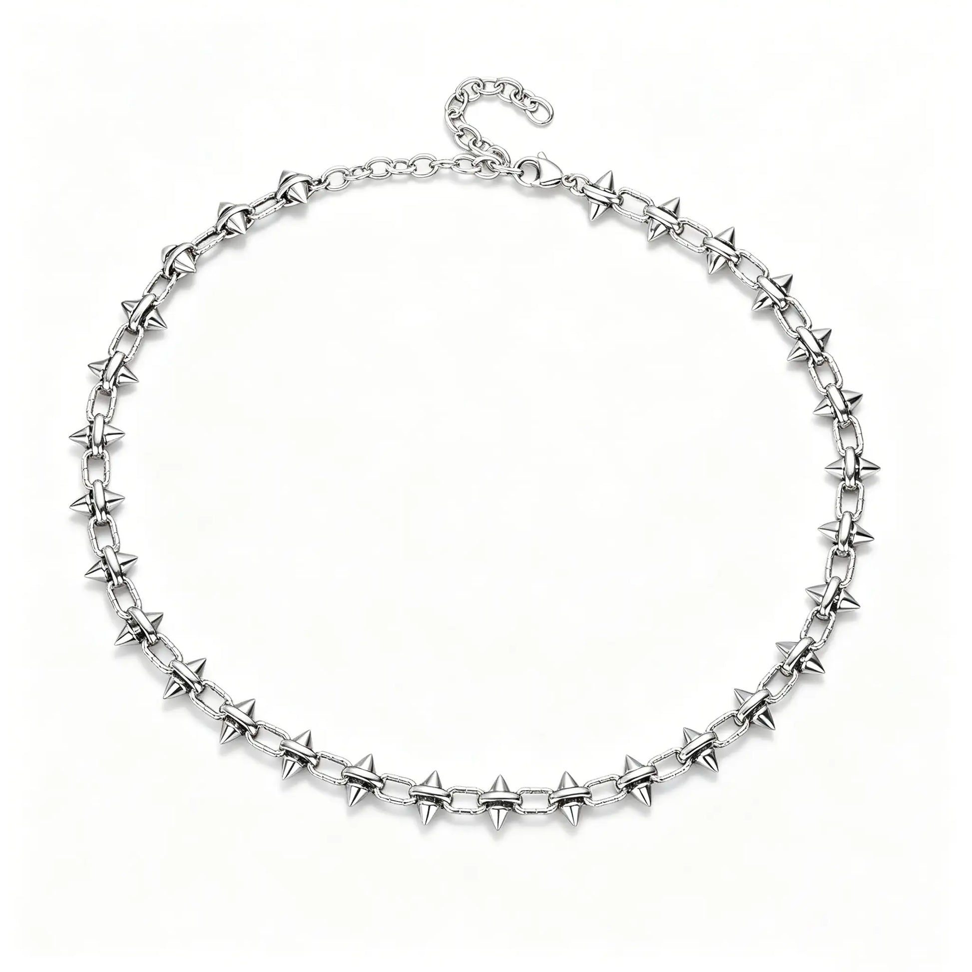 Close-up of industrial punk spiked chain necklace showing high-polish 316L stainless steel construction.