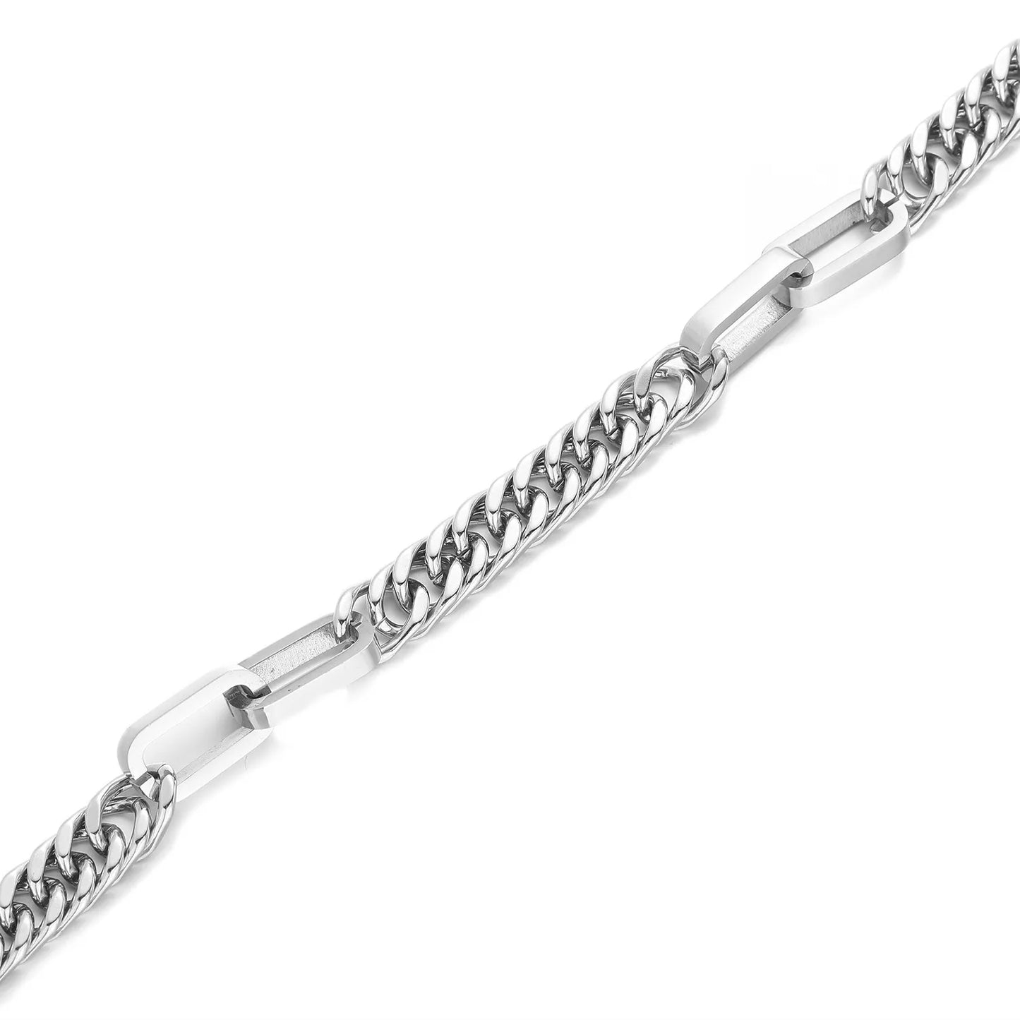 Stainless steel figaro link bracelet featuring modern geometric bar accents and a polished silver finish.