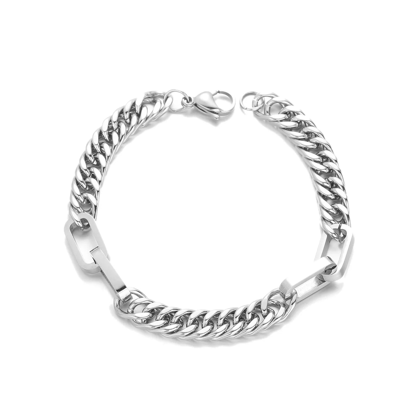 Stainless steel figaro link bracelet featuring modern geometric bar accents and a polished silver finish.