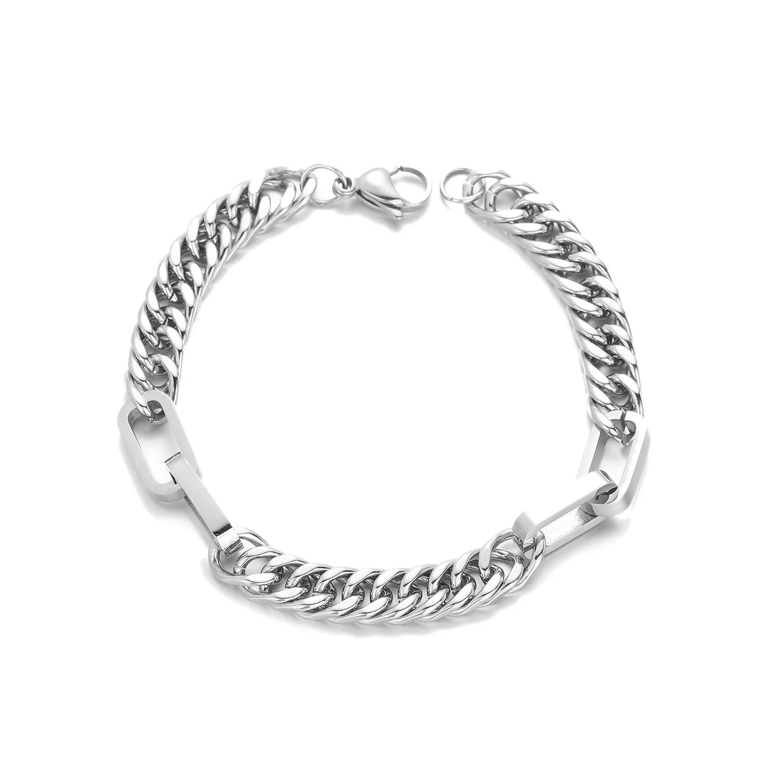 Stainless steel figaro link bracelet featuring modern geometric bar accents and a polished silver finish.