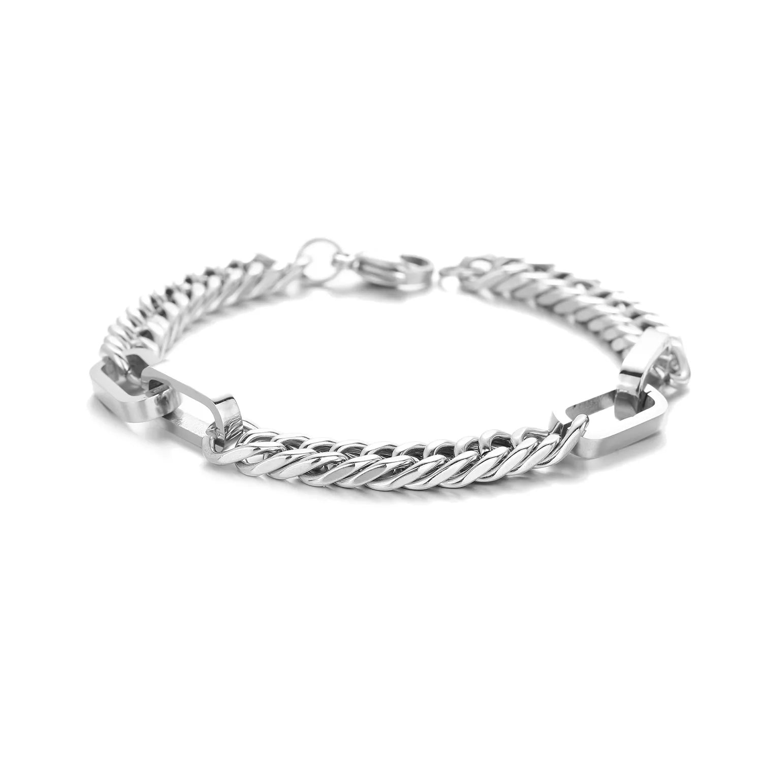 Stainless steel figaro link bracelet featuring modern geometric bar accents and a polished silver finish.