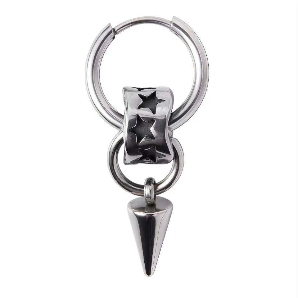 Unisex industrial hoop earring featuring a star-engraved charm and spike pendant, crafted from 316L stainless steel.