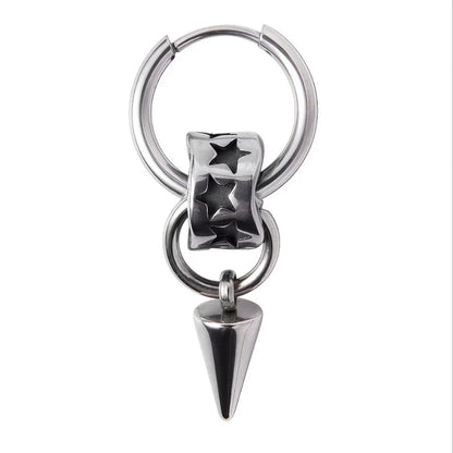 Unisex industrial hoop earring featuring a star-engraved charm and spike pendant, crafted from 316L stainless steel.