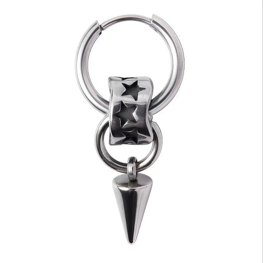 Unisex industrial hoop earring featuring a star-engraved charm and spike pendant, crafted from 316L stainless steel.