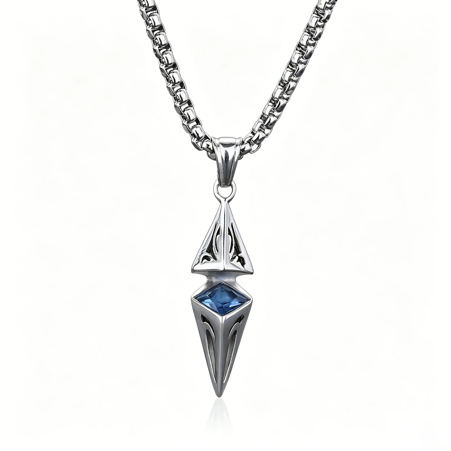 stainless steel gothic spearhead pendant necklace with blue crystal accent