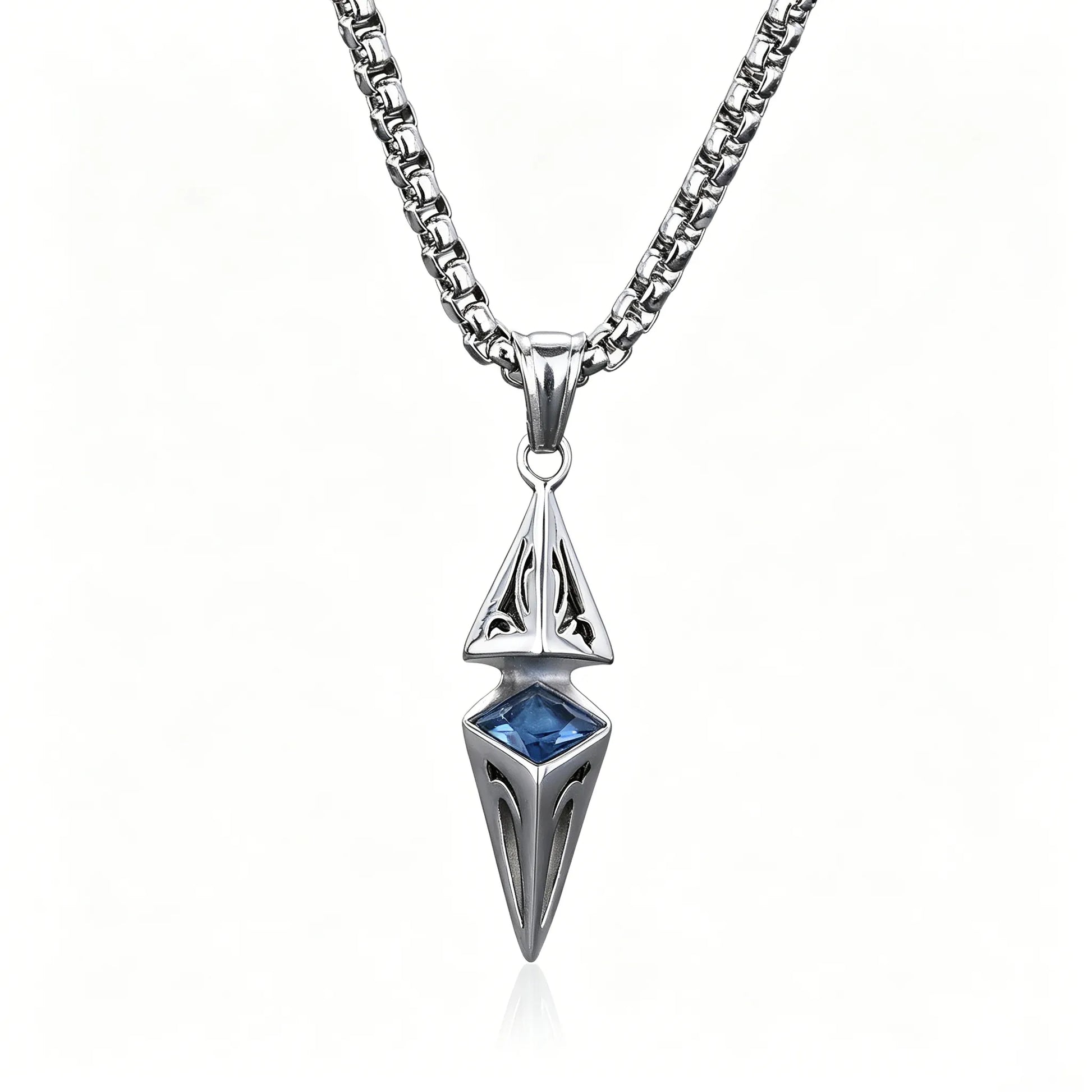 stainless steel gothic spearhead pendant necklace with blue crystal accent