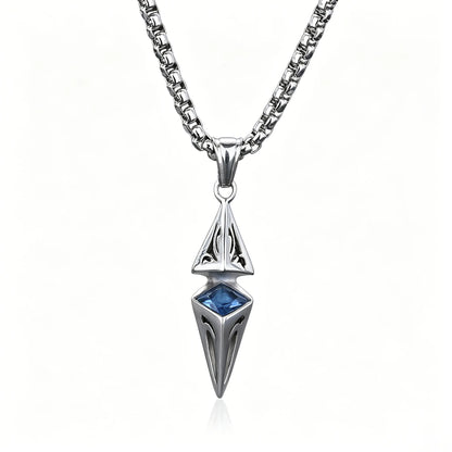 stainless steel gothic spearhead pendant necklace with blue crystal accent