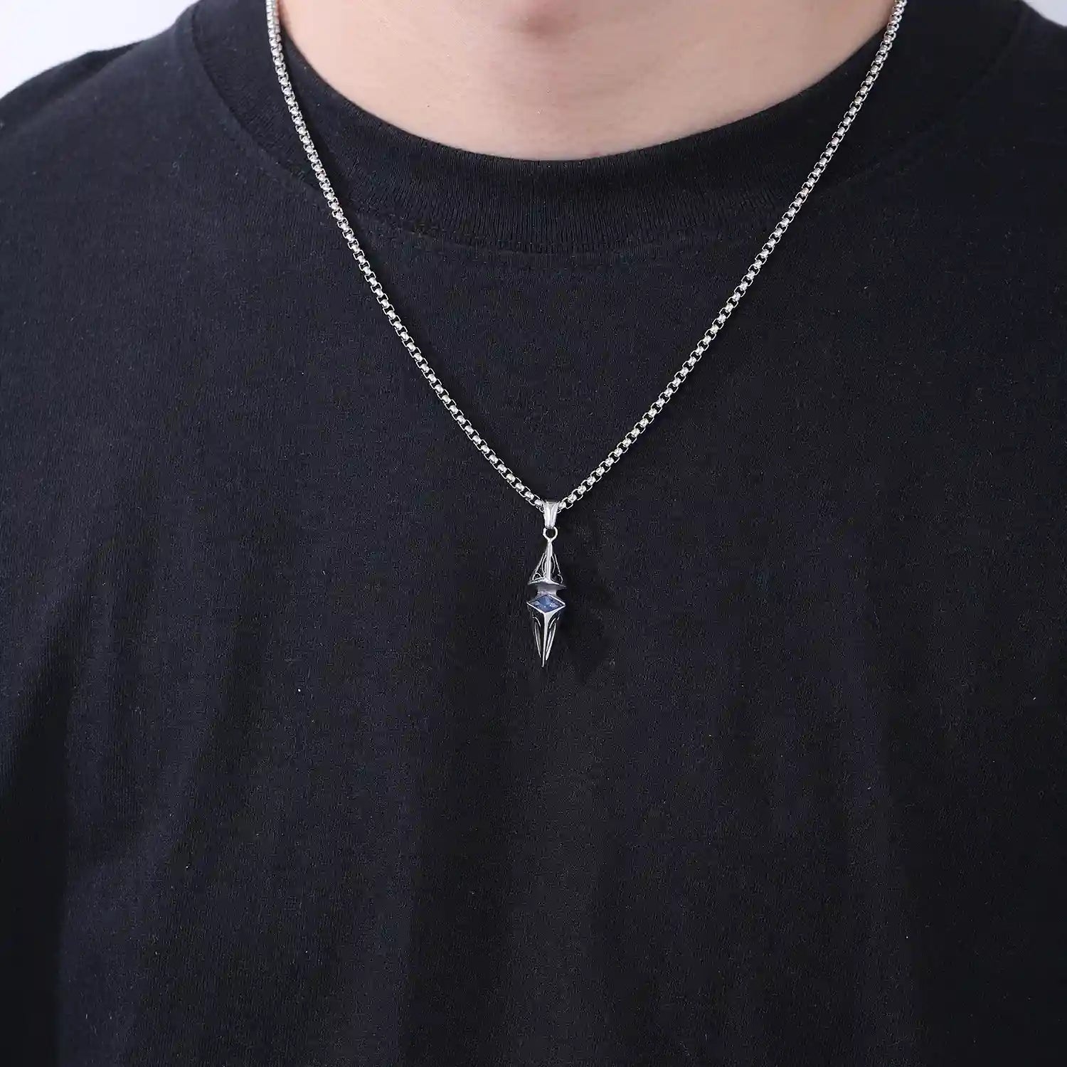 Unisex stainless steel pendant necklace with blue crystal detail