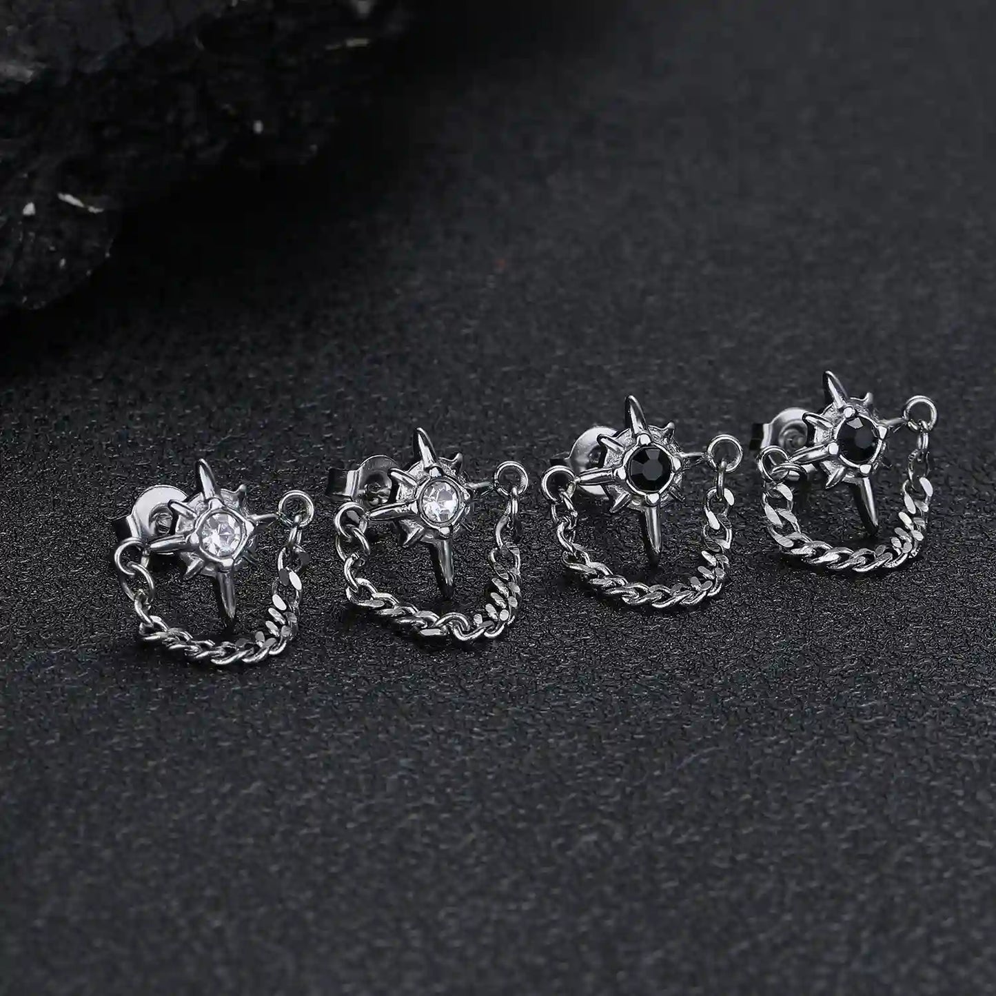 Unisex gothic star chain stud earrings featuring center stone, crafted from 316L stainless steel.