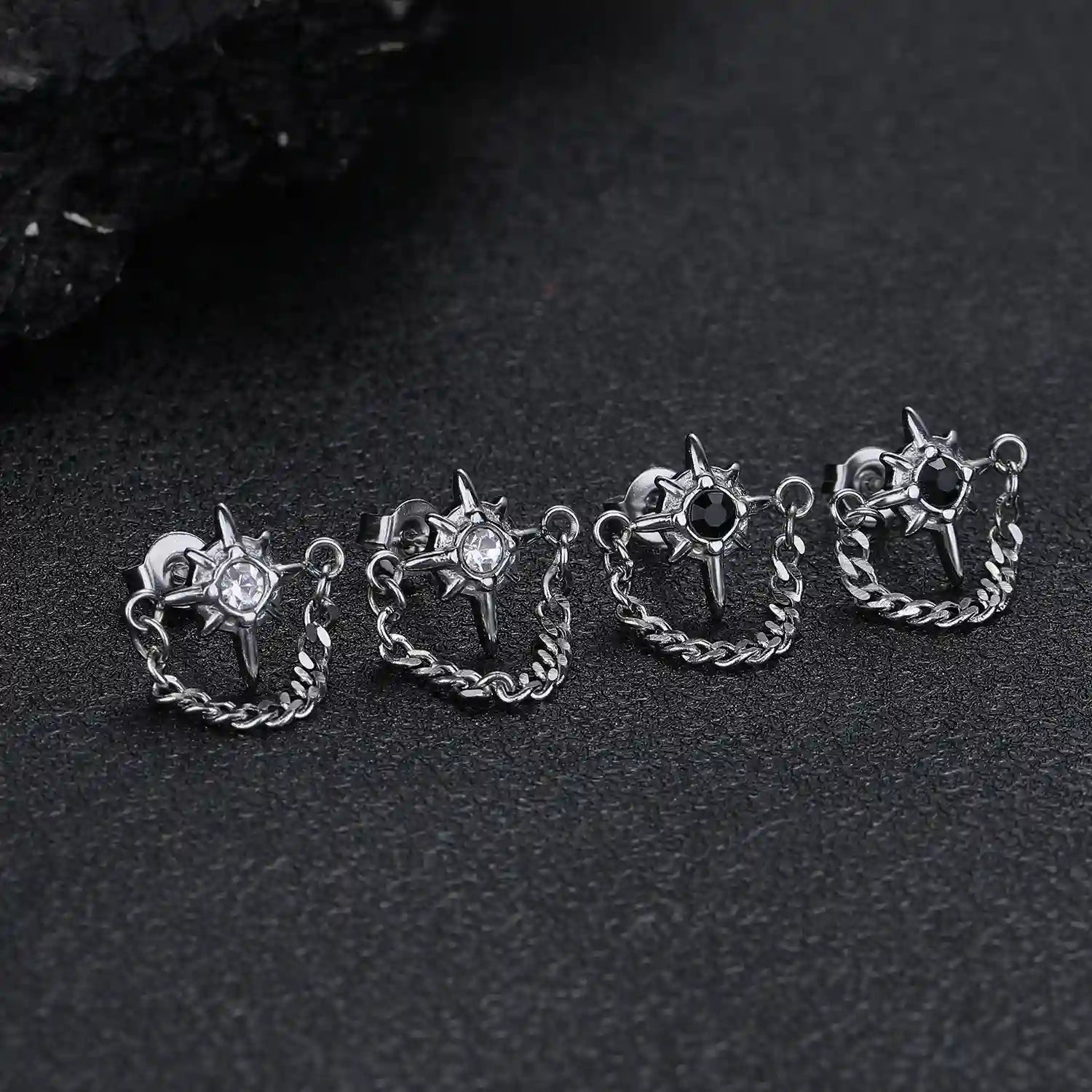 Unisex gothic star chain stud earrings featuring center stone, crafted from 316L stainless steel.