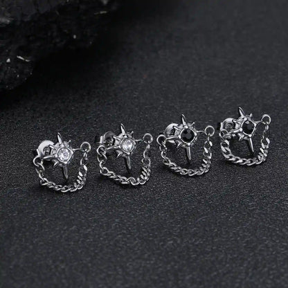 Unisex gothic star chain stud earrings featuring center stone, crafted from 316L stainless steel.