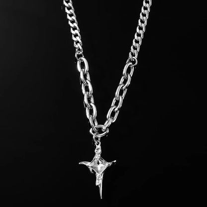 Crystal star pendant necklace with stainless steel Cuban and oval link chain in polished silver.