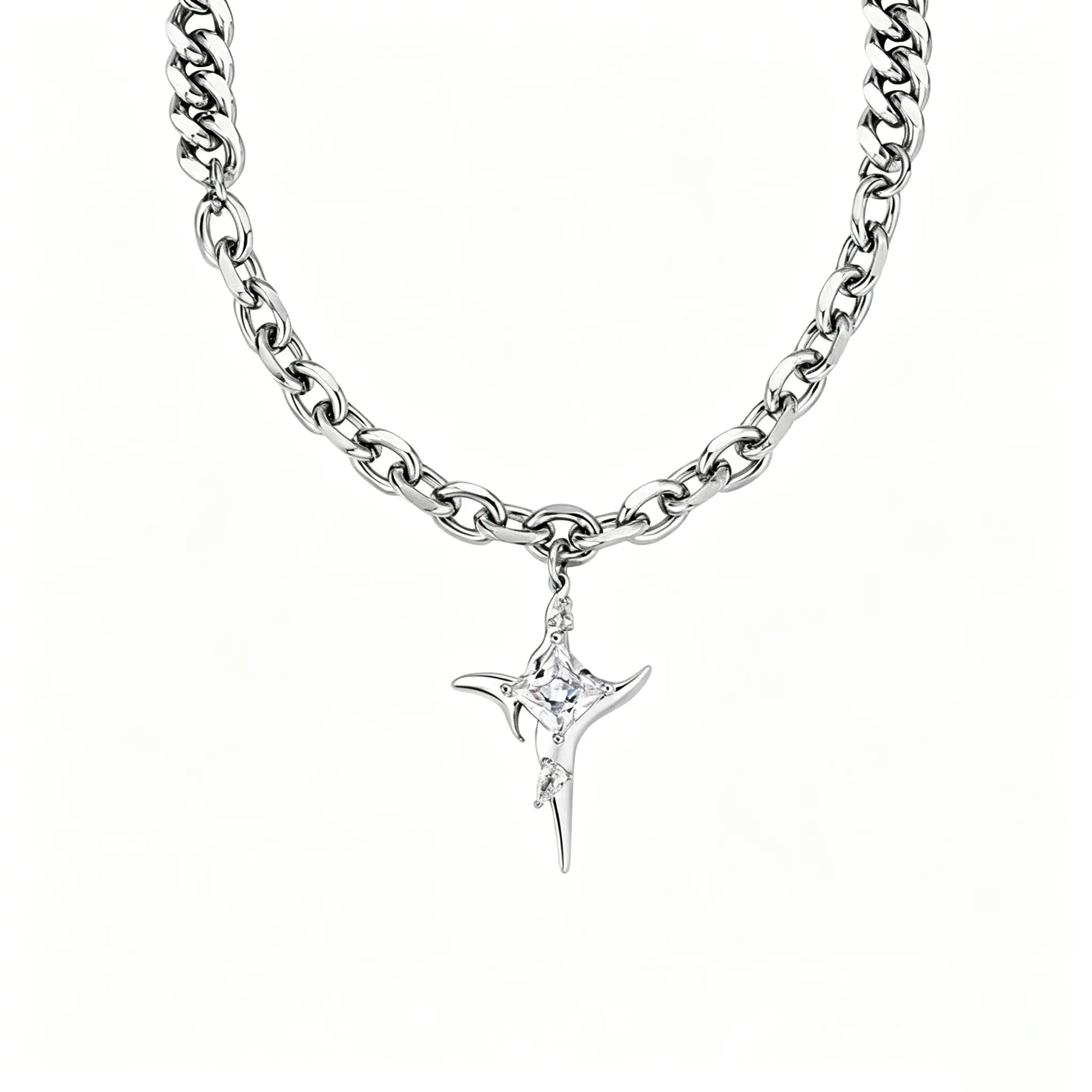 Crystal star pendant necklace with stainless steel Cuban and oval link chain in polished silver.