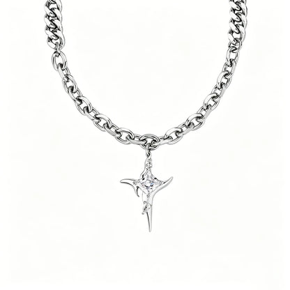 Crystal star pendant necklace with stainless steel Cuban and oval link chain in polished silver.