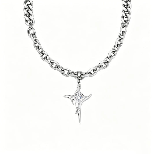 Crystal star pendant necklace with stainless steel Cuban and oval link chain in polished silver.