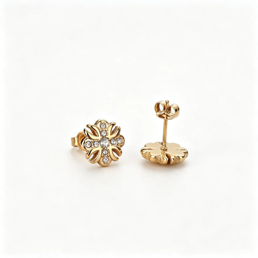 Gold-tone unisex floral stud earrings made of 316L stainless steel with zirconia accents.