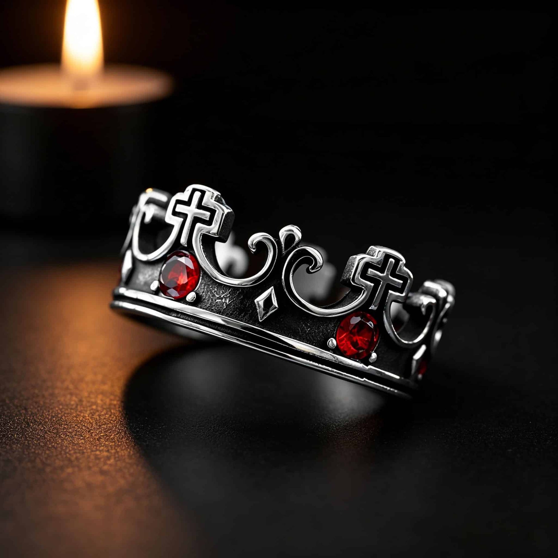 Gothic Dark Royal Crown Cross Ring | Black & Red Stone - Gothic Aesthetic Jewelry by Mort 7