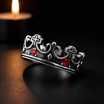 Gothic Dark Royal Crown Cross Ring | Black & Red Stone - Gothic Aesthetic Jewelry by Mort 7