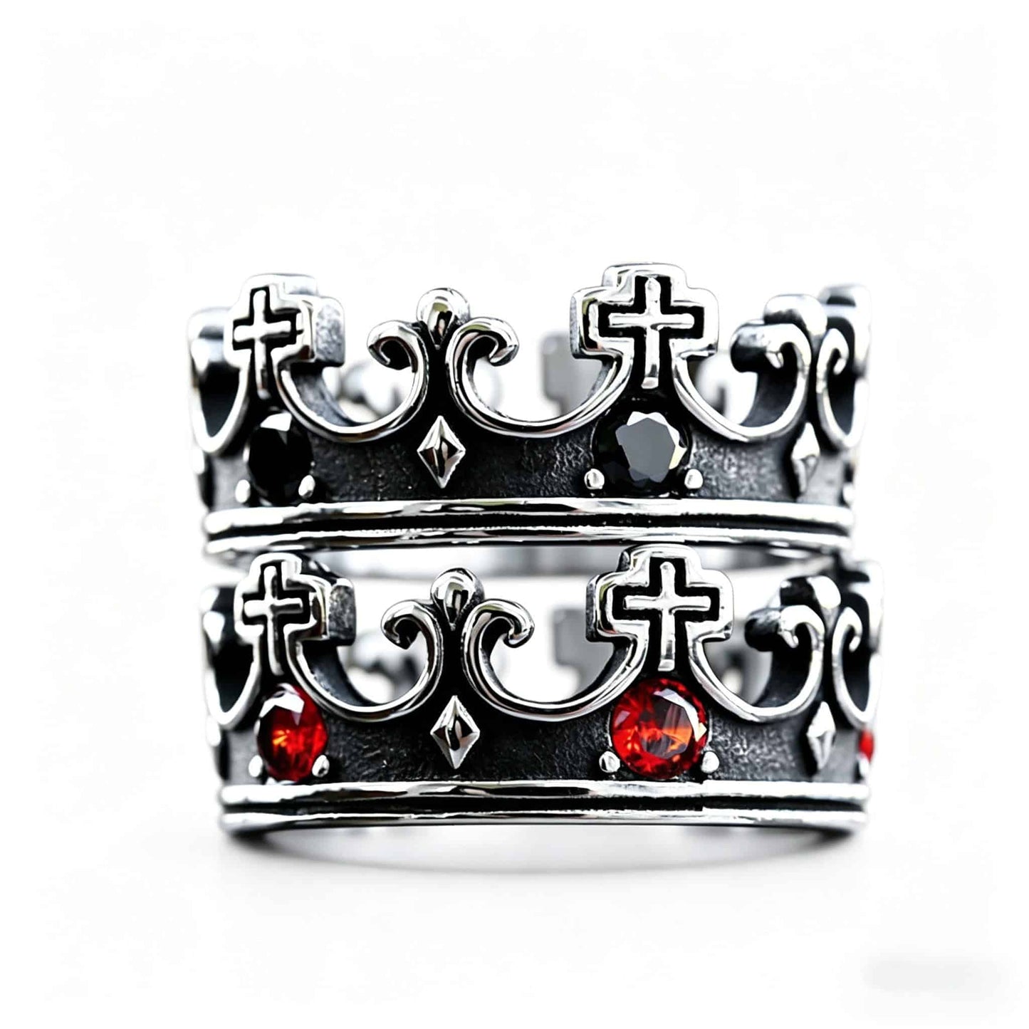 Gothic Dark Royal Crown Cross Ring | Black & Red Stone - Gothic Aesthetic Jewelry by Mort 7