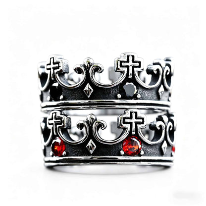 Gothic Dark Royal Crown Cross Ring | Black & Red Stone - Gothic Aesthetic Jewelry by Mort 7