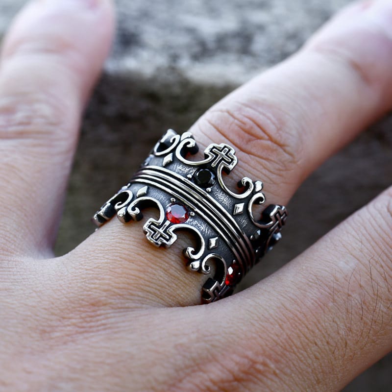 Gothic Dark Royal Crown Cross Ring | Black & Red Stone - Gothic Aesthetic Jewelry by Mort 7