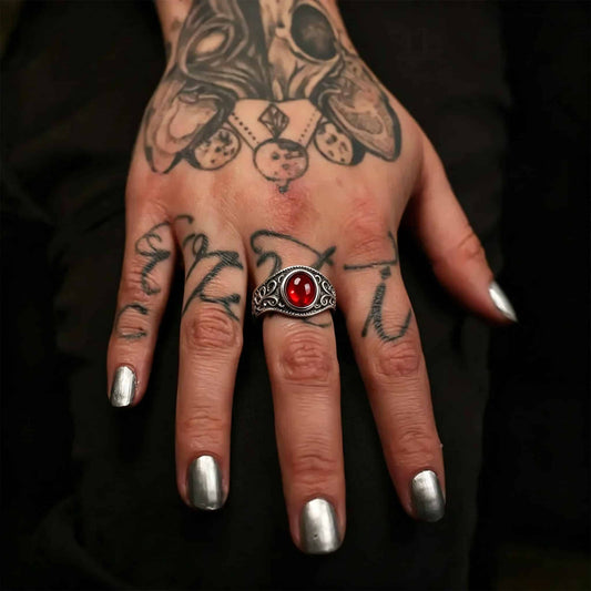 Gothic Red Garnet Signet Ring - Gothic Aesthetic Jewelry by Mort 7