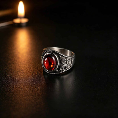 Gothic Red Garnet Signet Ring - Gothic Aesthetic Jewelry by Mort 7