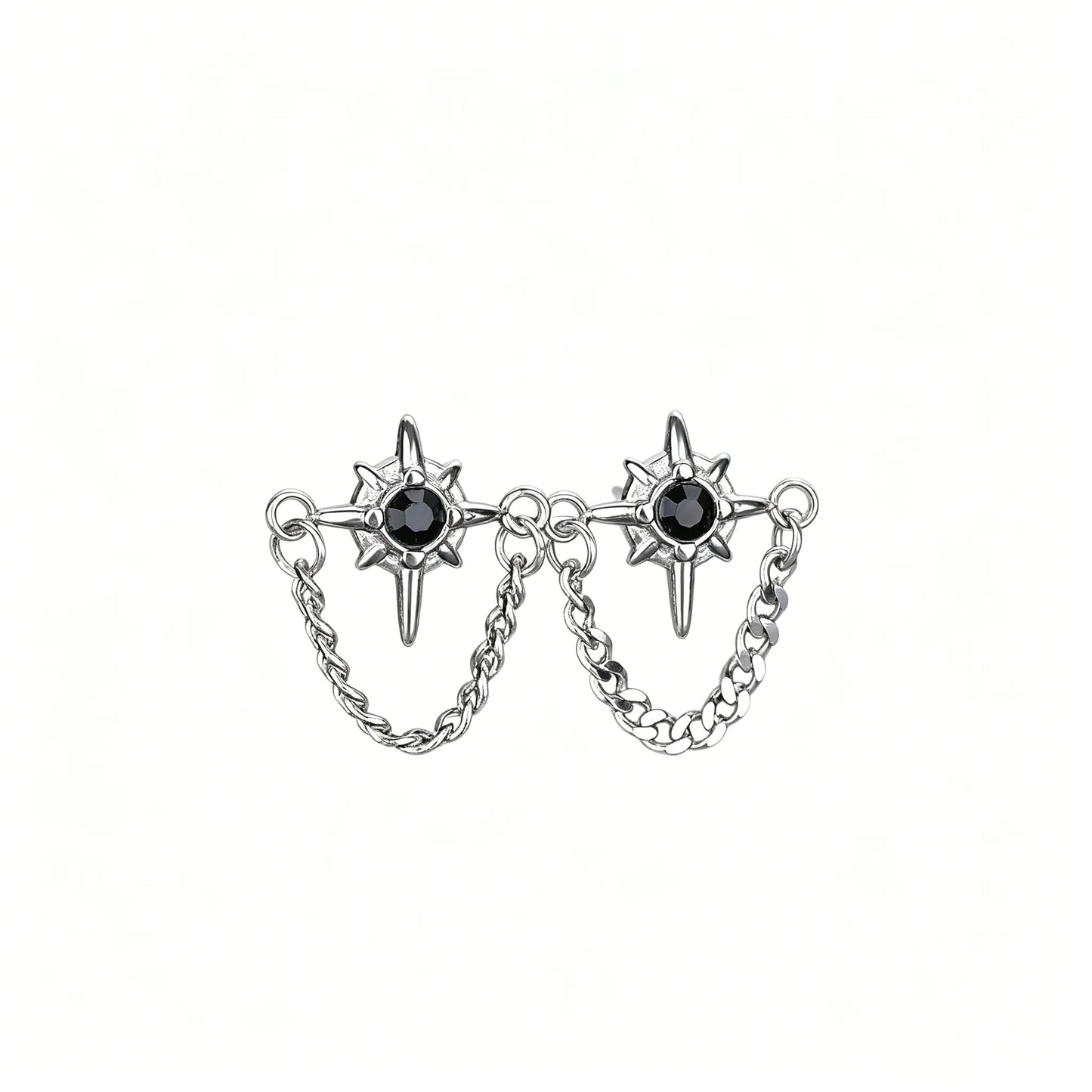 Unisex gothic star chain stud earrings featuring a black center stone, crafted from 316L stainless steel.