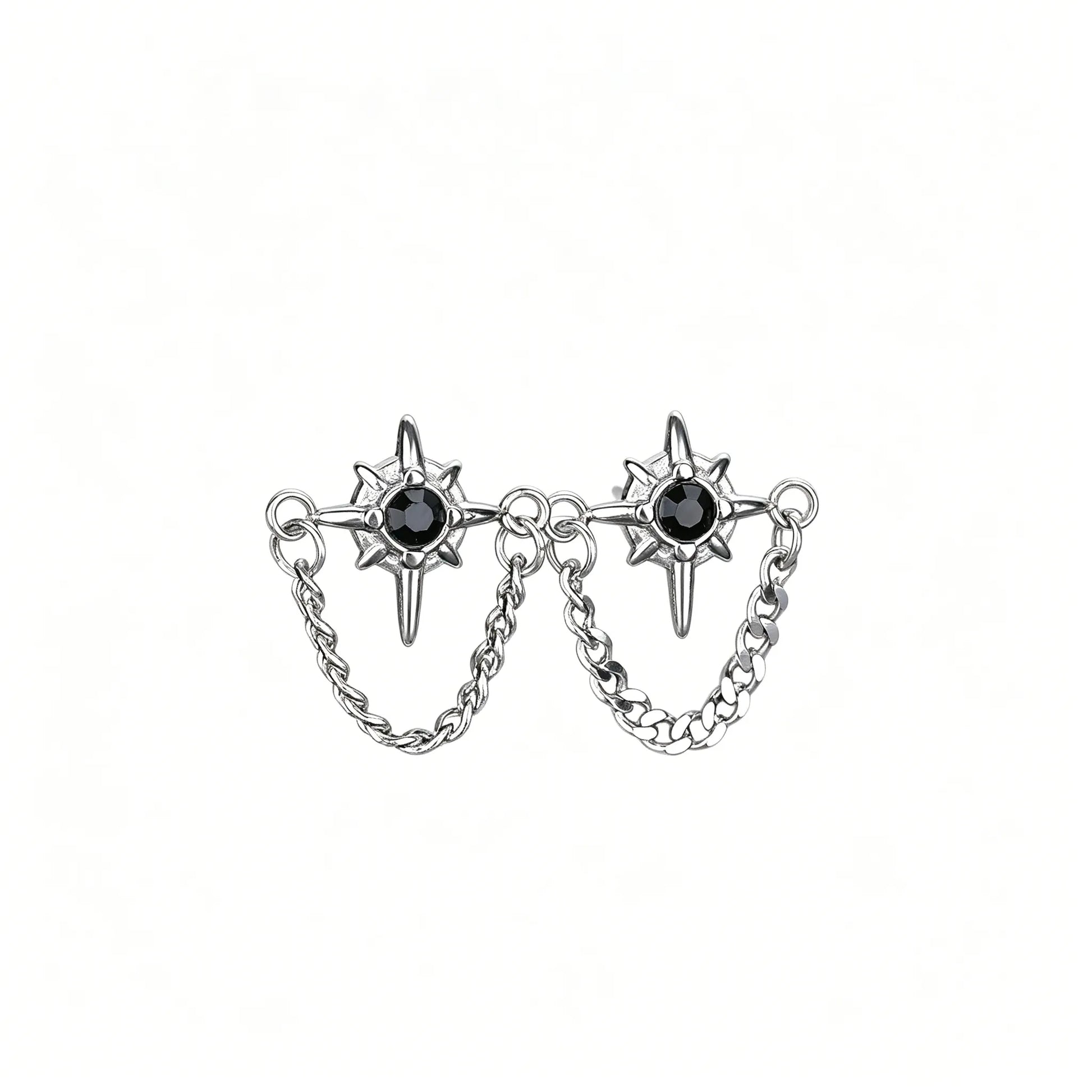 Unisex gothic star chain stud earrings featuring a black center stone, crafted from 316L stainless steel.